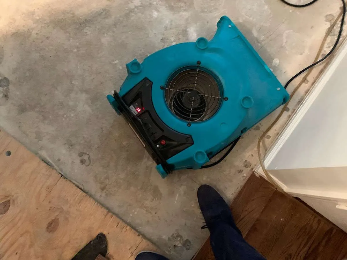 Air mover drying subfloor during Leak Detection & Repair in Green Brook